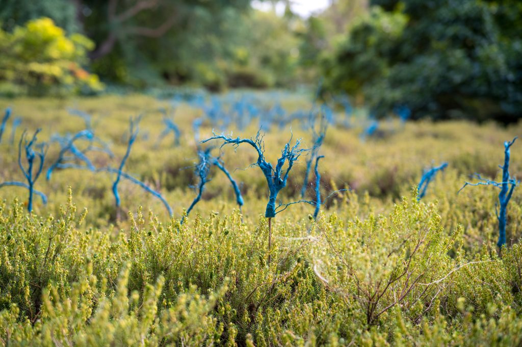 Skulptur im Berggarten Hannover. In einer grünen Moosdecke sind blaue Wurzelstücke eingesteckt, die mit der Wurzelspitze zum Himmel zeigen.